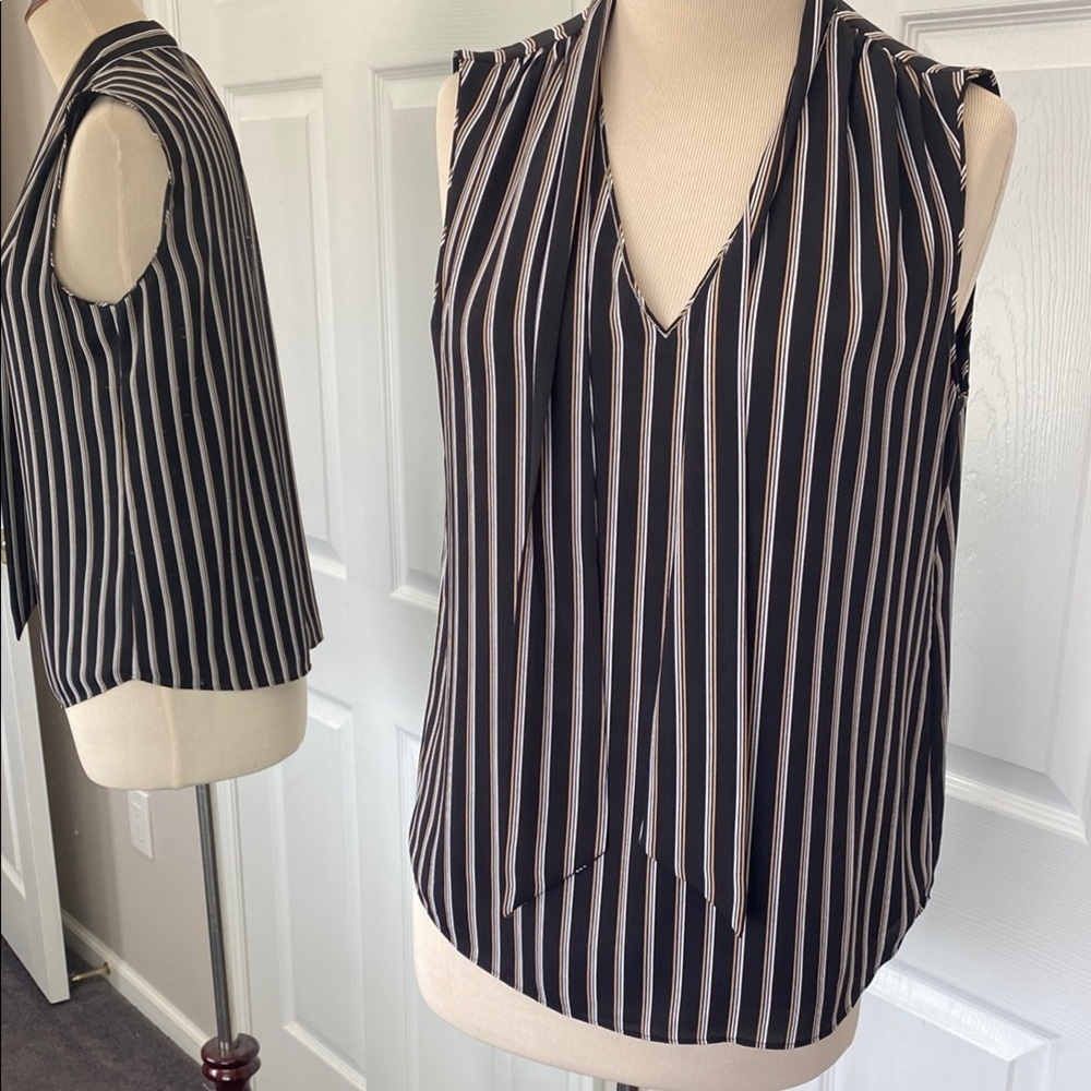 White House Black Market Striped Top Sz 4 Ball-Chain Tie-Neck Stripe Shell - Picture 6 of 9